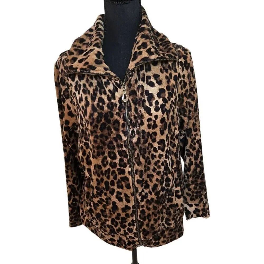 Onque Casuals Womens Leopard Print Cotton Velour Zip Up Jacket Size Medium